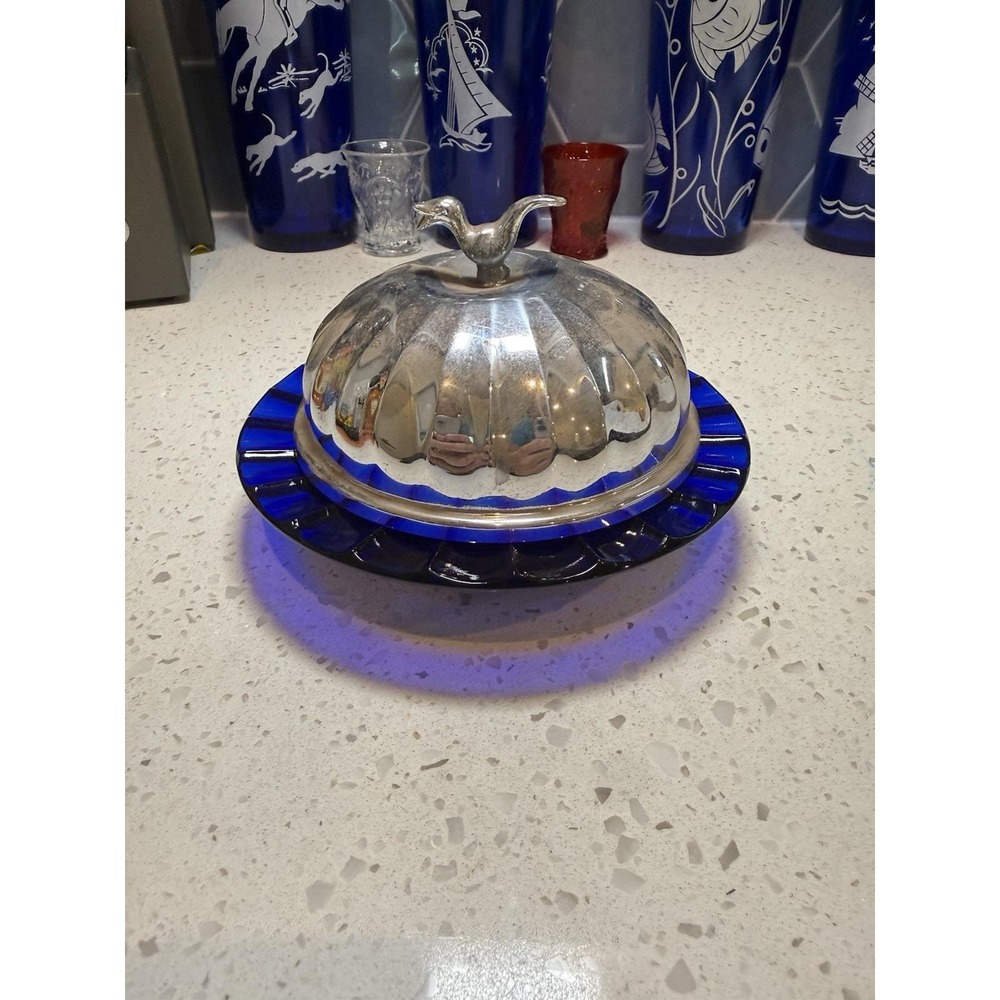 New Martinsville Viking Moondrops Cobalt Blue Metal Bird Knob Lid Butter Dish